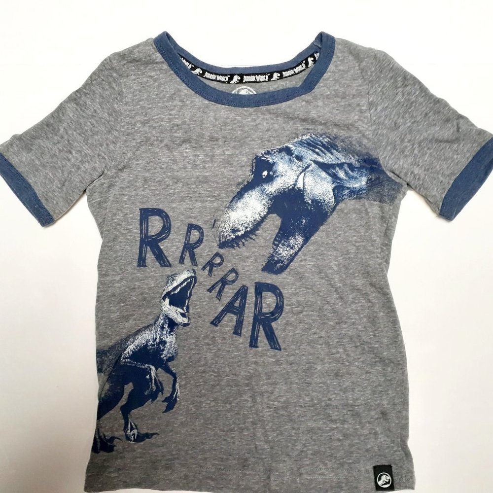 Jurassic World Boys T-Shirt Gray Navy Ringer Short Sleeve Dinosaur Size 7x